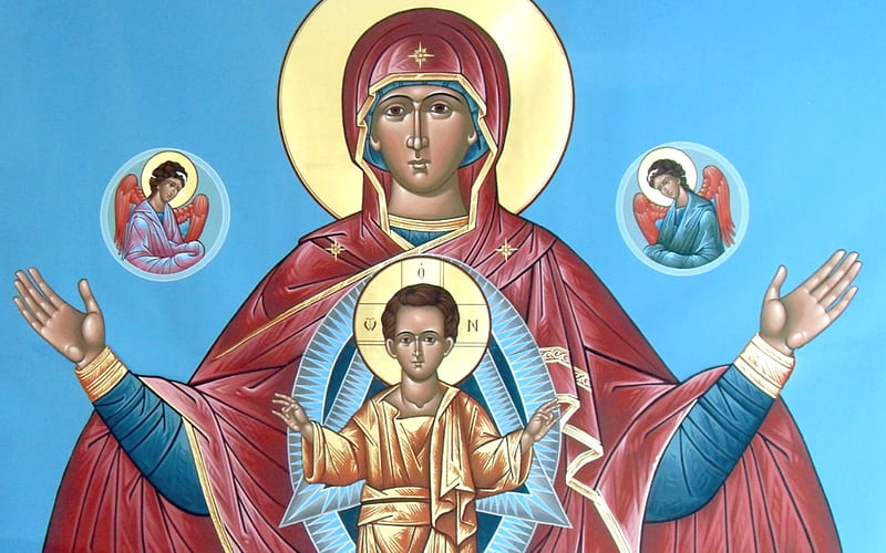Mother of God, Virgin, angels, Child, Mary, icon, Jesus, HD wallpaper