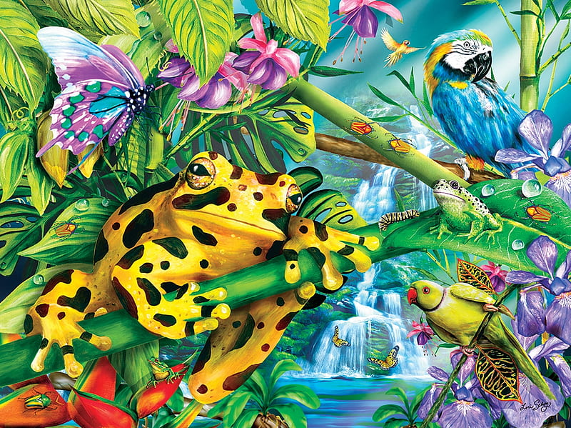 Yellow frog, colorful, art, pasare, yellow, parrot, frog, fantasy, butterfly, green, bird, papagal, flower, blue, HD wallpaper