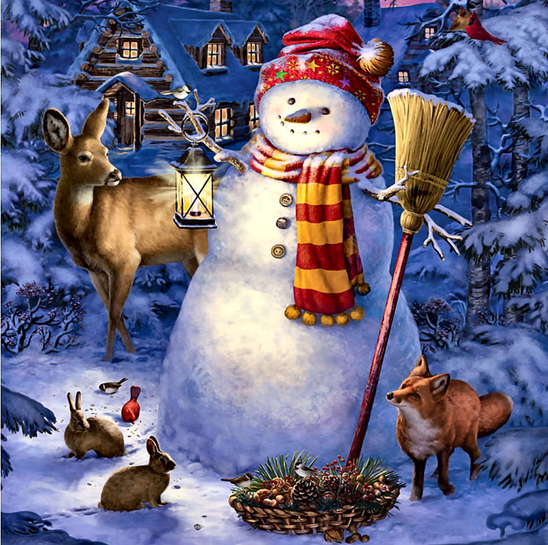 Night Watchman Snowman F1Cmp, lantern, bonito, illustration, artwork, broom, deer, chickadee, painting, wide screen, scenery, art, rabbit, birds, snowman, winter, fox, snow, four seasons, cardinal, landscape, HD wallpaper