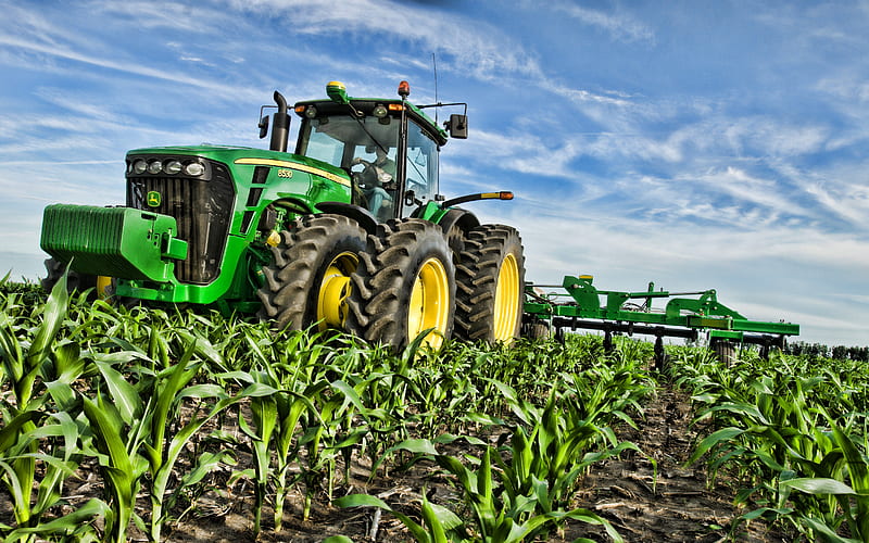 John Deere 8530, corn growing, 2019 tractors, 8 Series Tractor, agricultural machinery, harvest, green tractor, R, agriculture, tractor in the field, John Deere, HD wallpaper
