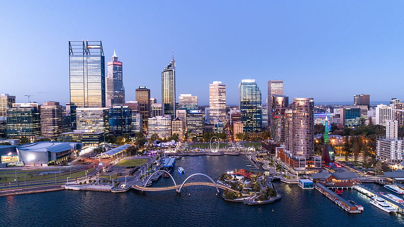Perth, skyscrapper, buidling, city, water, HD wallpaper