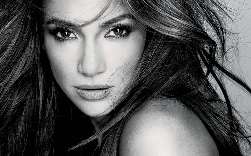 Jennifer Lopez, American singer, portrait, monochrome, actress, make-up, HD wallpaper