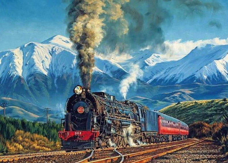 Old Train, locomotive, mountains, painting, steam, artwork, HD wallpaper