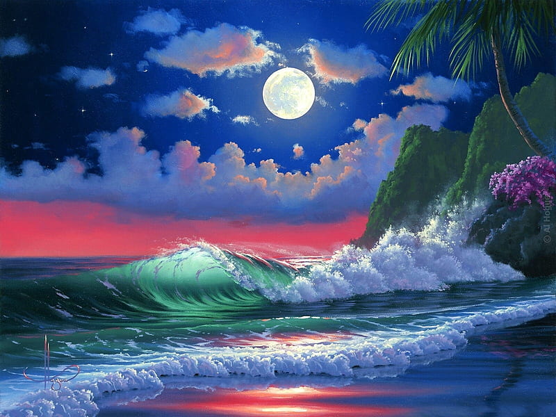Moonlit Beach, light, moon, glow, ocean, painting, waves, HD wallpaper