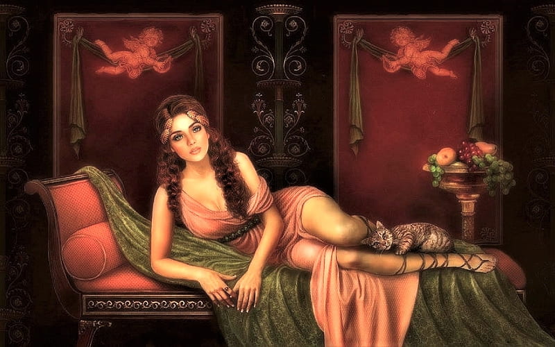 Greek Beauty and Cat, woman, resting, art, , girl, cat, beautiful, serene, cherubs, digital, lady, fantasy, flowers, HD wallpaper