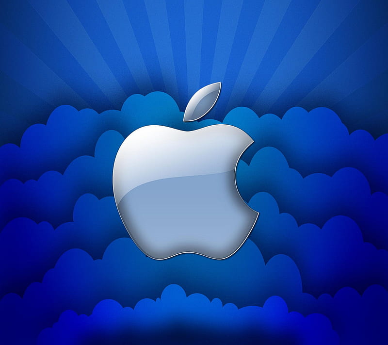 Apple logo, blue, clouds, iphone, rays, silver, sky, HD wallpaper