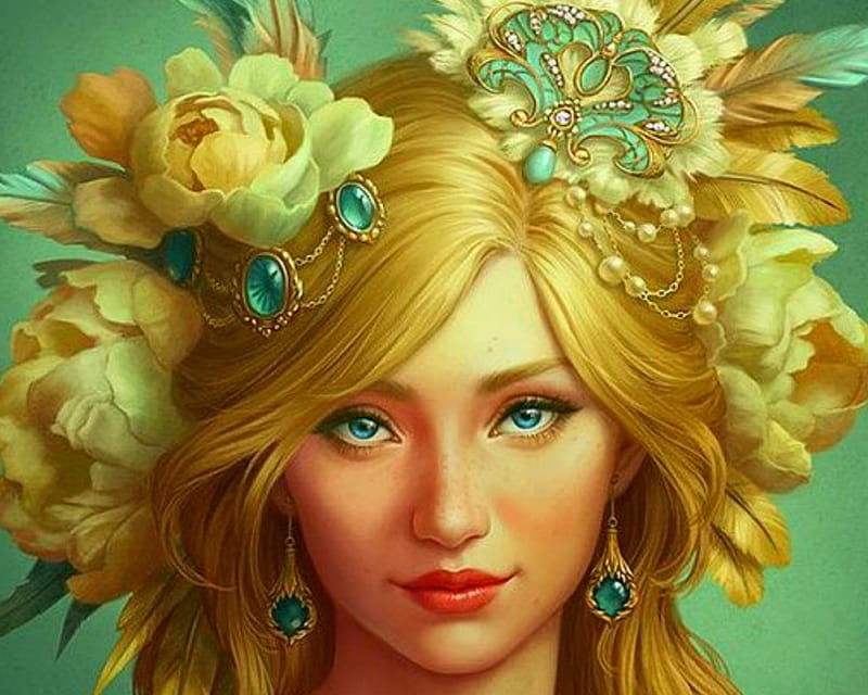 Fantasy Girl, art, fantasy, gold, face, woman, HD wallpaper