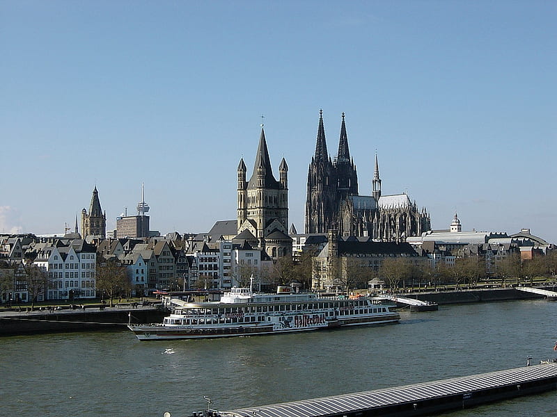 Köln, Panorama View, rhine, ship, church great st marien, skyline, river, koeln, panorama, HD wallpaper