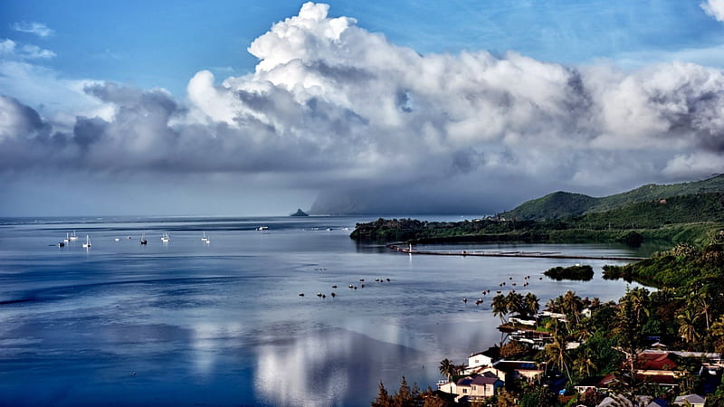 storm clouds over hawaiian seacoast, boats, rain, clouds, storm, coast, sea, HD wallpaper