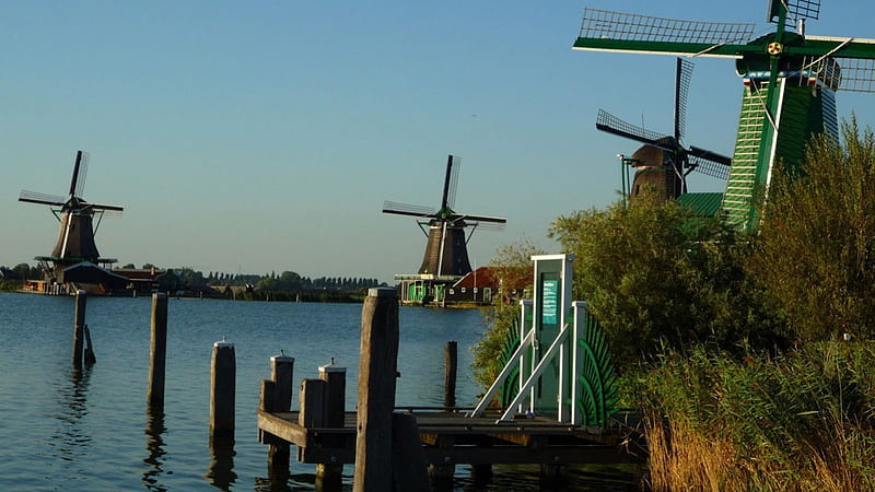 windmills, netherlands, south holland, water, in, place, Koog aan de zaan, Home town, HD wallpaper