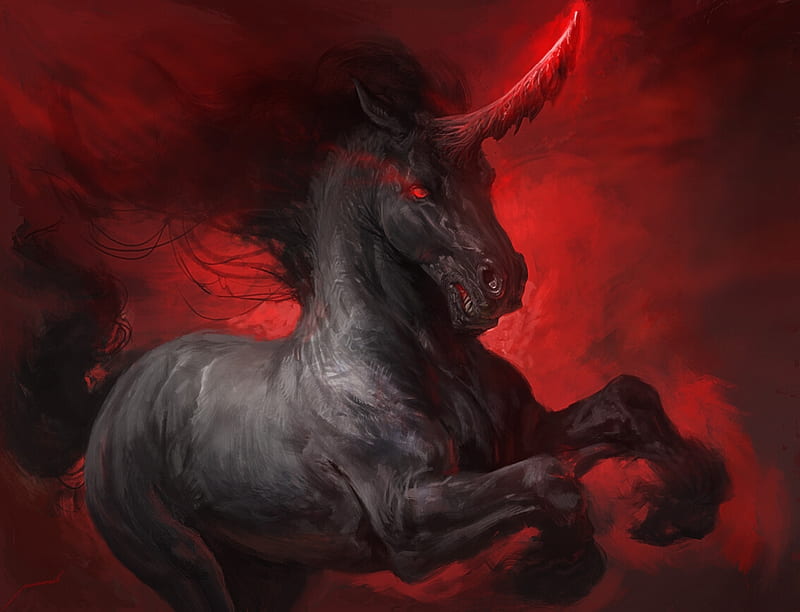 Dark unicorn, art, red, fantasy, luminos, black, antonio j manzanedo, HD wallpaper