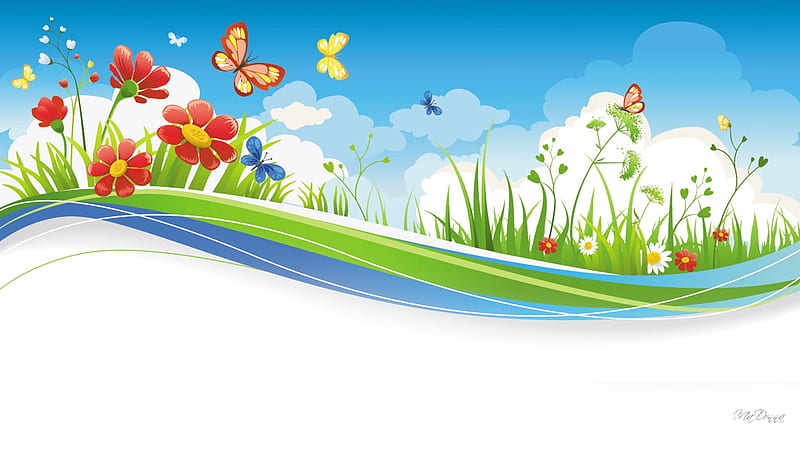 Summer Wave, grass, butterflies, spring, sky, clouds, wave, summer, flowers, garden, Firefox Persona theme, HD wallpaper
