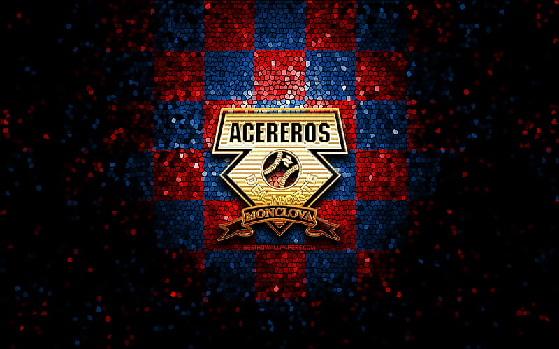 Acereros de Monclova, glitter logo, LMB, blue red checkered background, mexican baseball team, Acereros de Monclova logo, Mexican Baseball League, mosaic art, baseball, Mexico, HD wallpaper