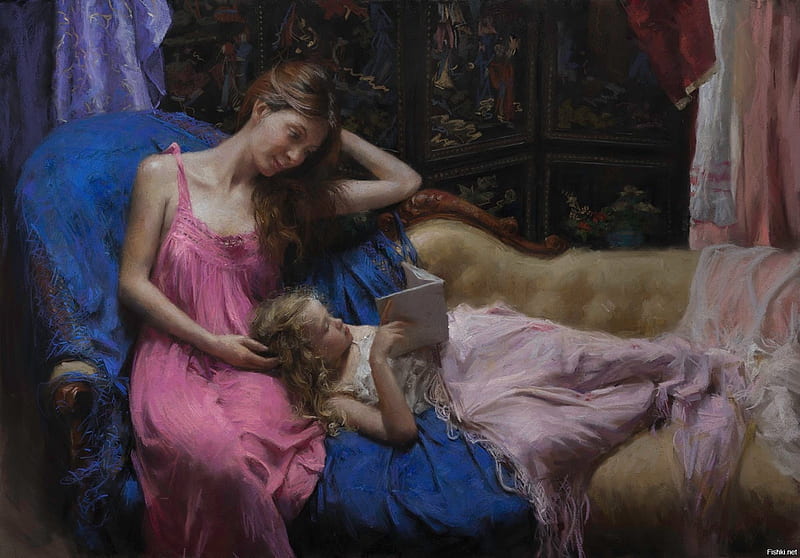 art, book, vicente romero redondo, mother, woman, girl, reading, copil, painting, child, pictura, pink, blue, HD wallpaper