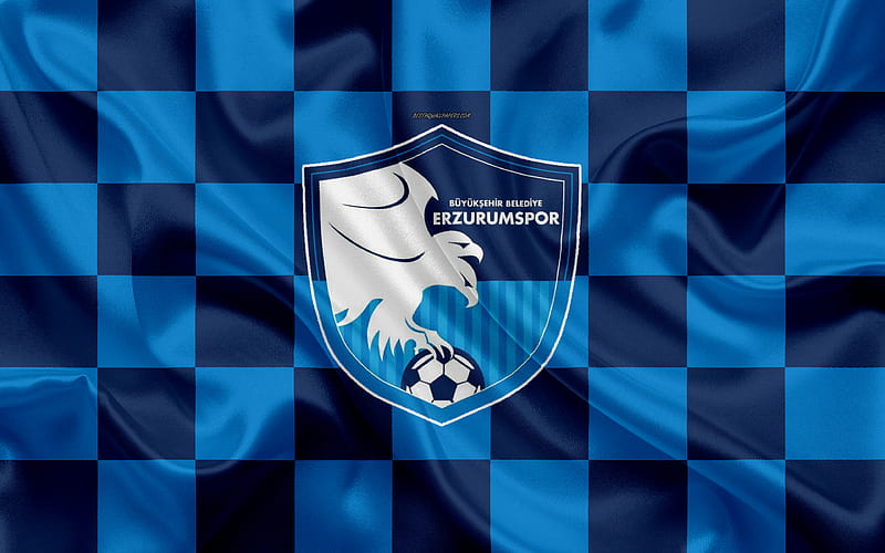 Buyuksehir Belediye Erzurumspor logo, creative art, blue black checkered flag, Turkish football club, emblem, silk texture, Erzurum, Turkey, Erzurum BB, HD wallpaper