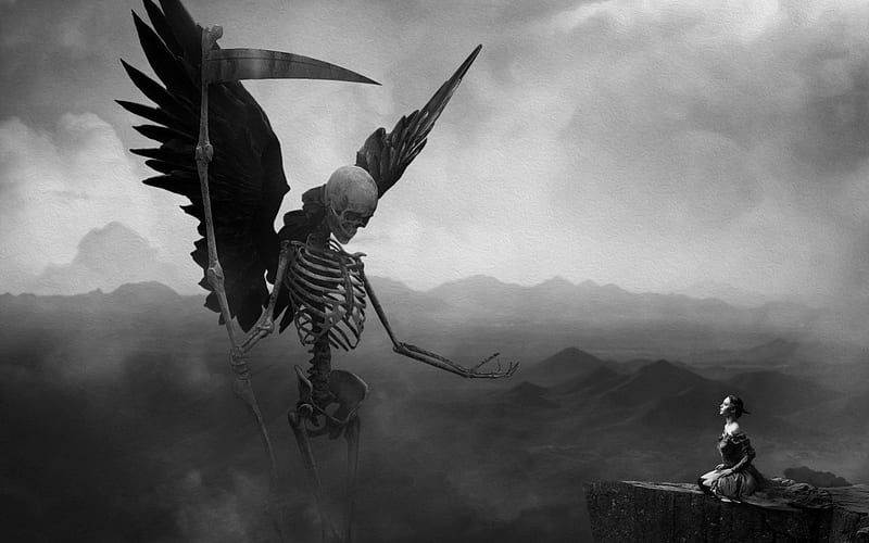 Death Comes To All, Black, White, Death, Woman, Wings, Skeleton, HD wallpaper