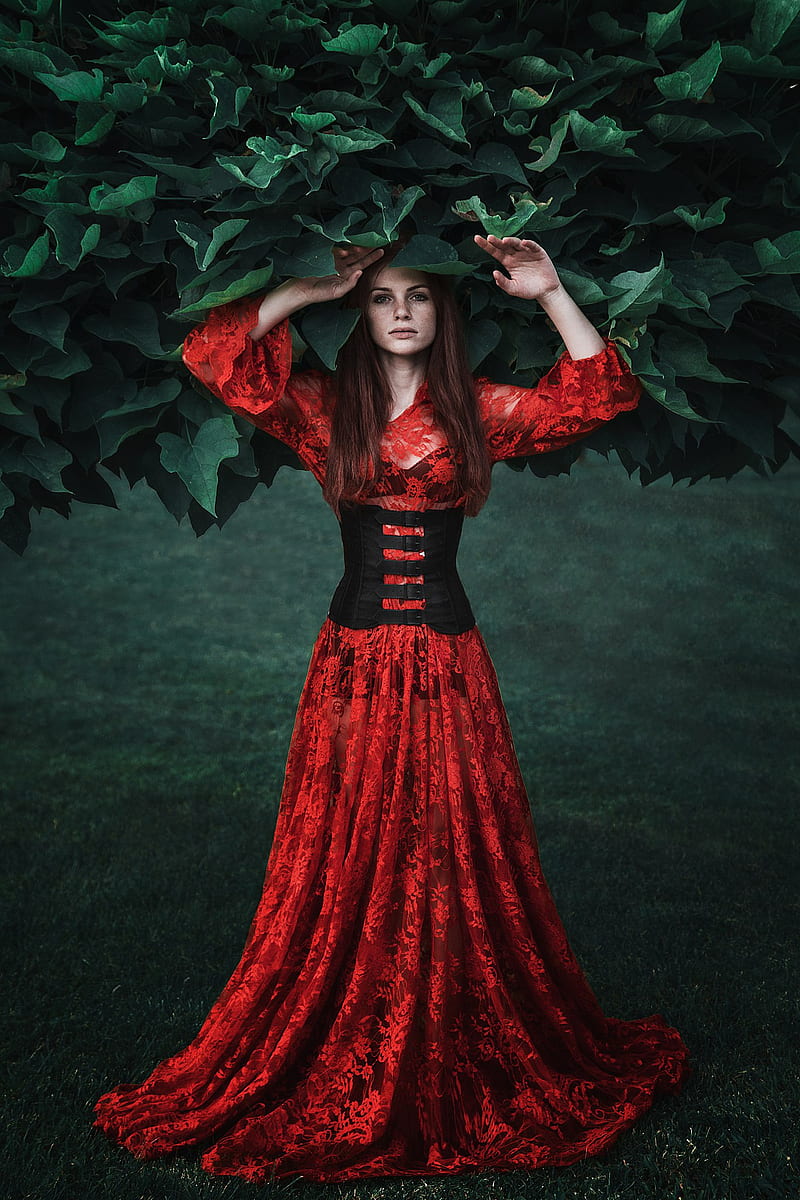 dress, red dress, standing, plants, women, model, women outdoors, frontal view, HD phone wallpaper