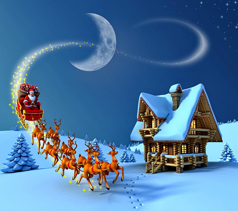 Christmas Night, eve, house, merry, santa, snow, winter, HD wallpaper