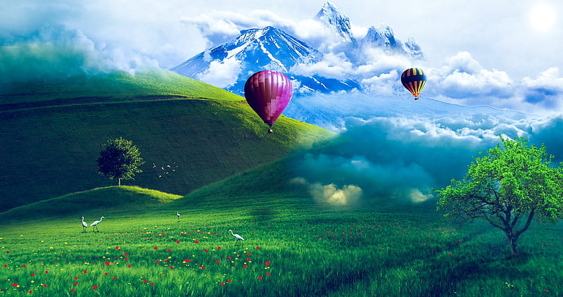 A balloon's journey, mountain, balloon, fantasy, hot air balloon, green, luminos, michael, blue, HD wallpaper
