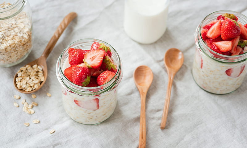 Food, Breakfast, Milk, Oatmeal, Strawberry, HD wallpaper