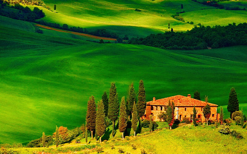 Tuscany, field, summer, house, hills, Europe, Italy, HD wallpaper