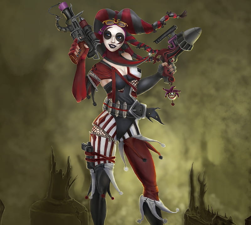 Harley Quinn a Gun Diva, red, art, fantasy, gun, girl, black, HD wallpaper