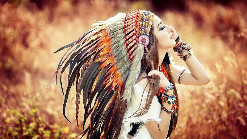 Feather, Field, Bokeh, Model, Women, Headdress, Asian, Cosplay, Native American, Linh Napie, Vietnamese, HD wallpaper