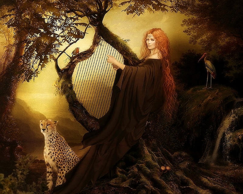Greek Goddess, leopard, redhead, goddess, love four seasons, creative pre-made, digital art, woman, fantasy, mixed media, weird things people wear, harp, stork, celebrations, HD wallpaper