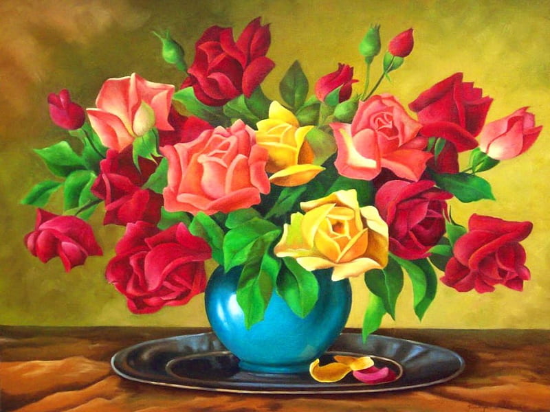 Still life with roses, pretty, colorful, vase, bonito, fragrance, still life, leaves, nice, painting, flowers, harmony, art, lovely, scent, roses, buds, freshness, bouquet, petals, HD wallpaper