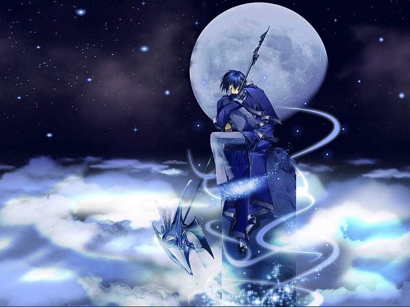 Warriors Soul, male, in the sky, anime boy, swordsman, moon, blue hair, at  night, HD wallpaper | Peakpx