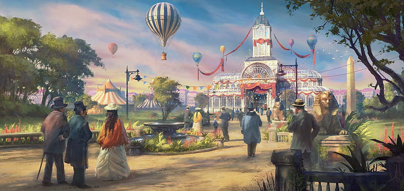 Victorian park, victorian, people, art, fantasy, hot air balloon, luminos, park, HD wallpaper
