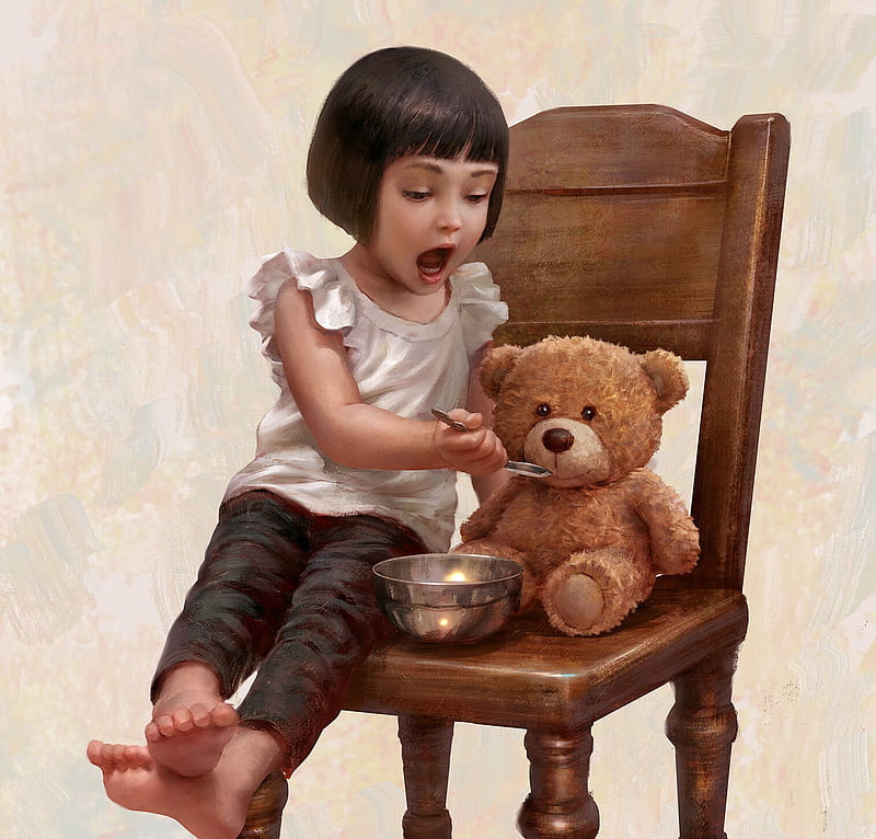 Open, Sesame!, funny, child, chair, teddy bear, brown, food, toy, sweet, cute, girl, copil, childhood, HD wallpaper