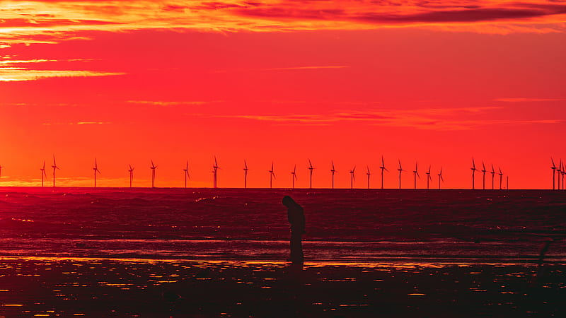 Silhouette Wind Turbines Sunset Horizon , windmill, sunset, horizon, artist, artwork, digital-art, alone, sad, HD wallpaper
