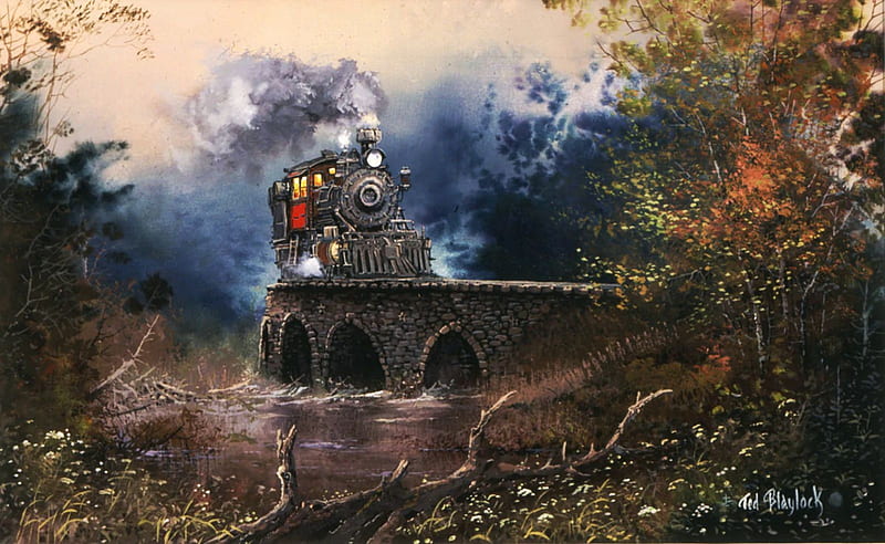Rounding the Bend, forest, steam, artwork, painting, railways, trees, train, HD wallpaper