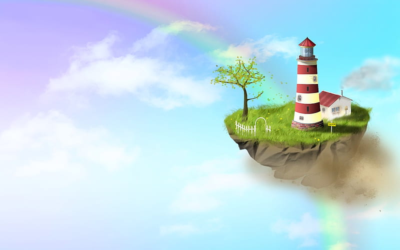 Lighthouse, fantasy, rainbow, island, clouds, sky, HD wallpaper