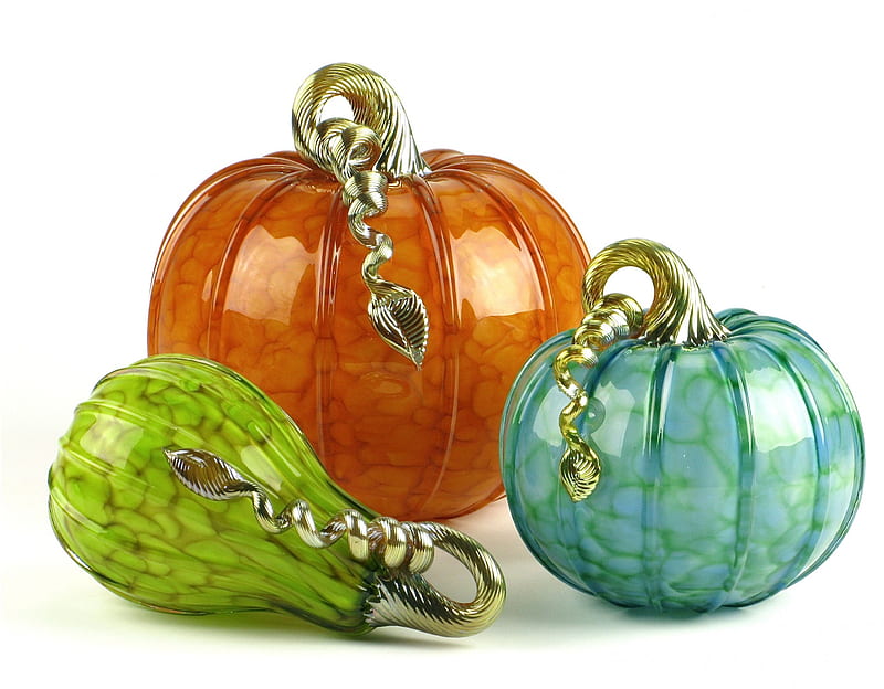 Pumpkins, orange, halloween, decoration, glass, green, pumpkin, white, figurine, blue, HD wallpaper