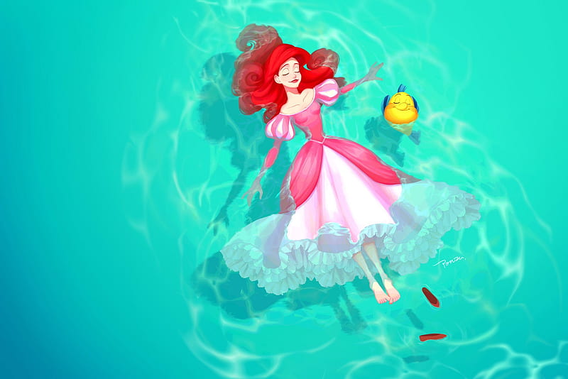 The Little Mermaid, The Little Mermaid (1989), Ariel (The Little Mermaid), Flounder (The Little Mermaid), Feet, Dress, Red Hair, Water, Pink Dress, Girl, HD wallpaper