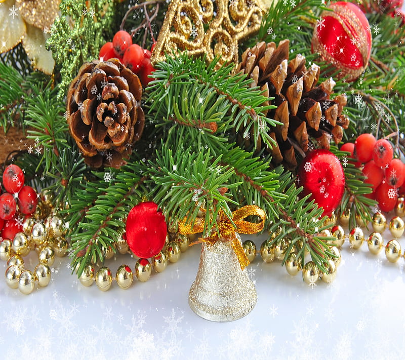 pinecones and bell, beads, christmas, christmas tree, ornament, pine cone, snow, HD wallpaper
