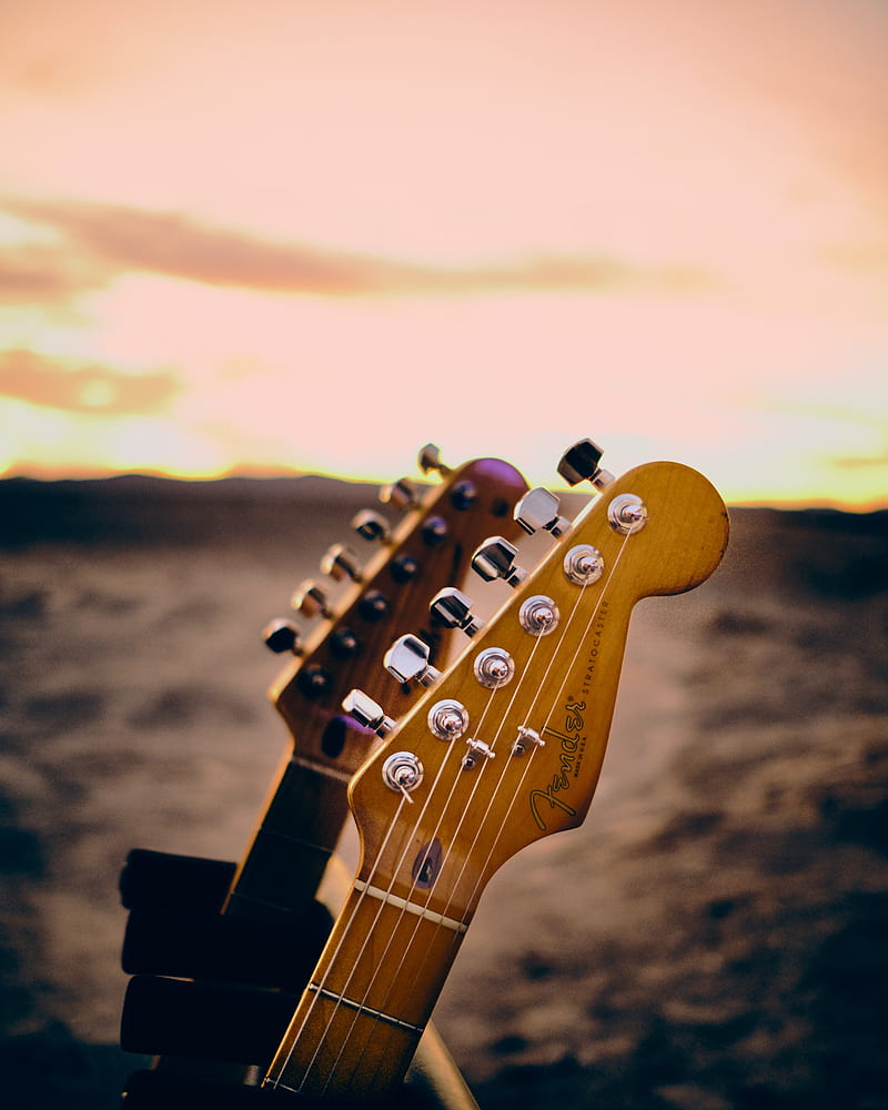 guitar, musical instrument, fretboard, tuning pegs, strings, sunset, HD phone wallpaper