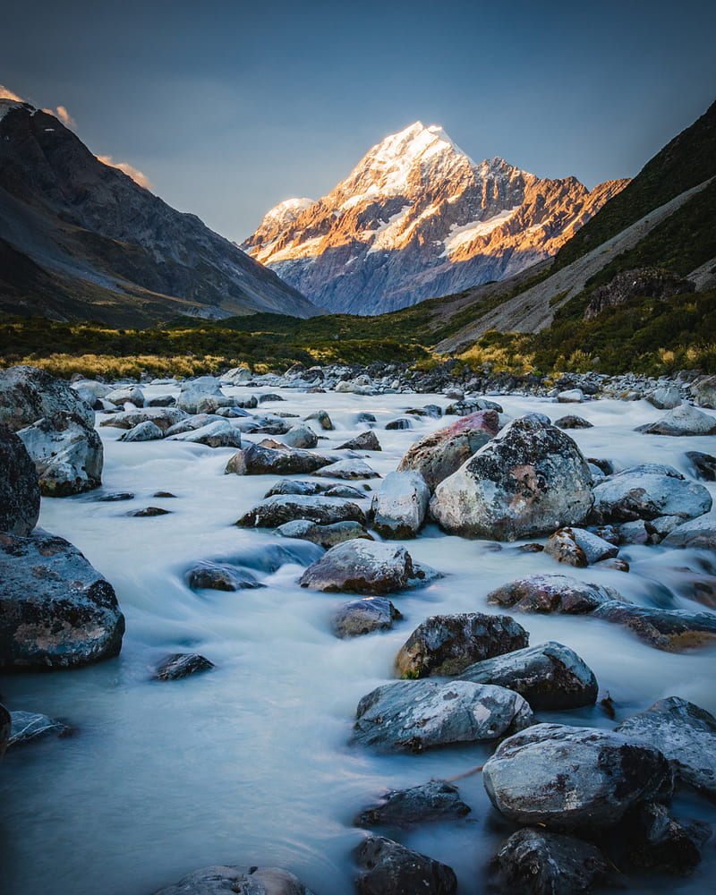 mountains, river, stones, landscape, nature, HD phone wallpaper
