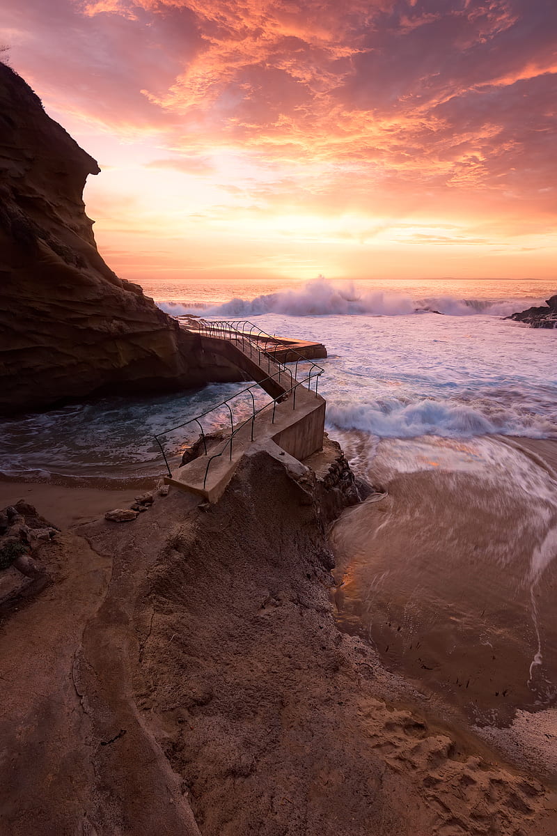 waves crashing on rocky coast during sunset, HD phone wallpaper