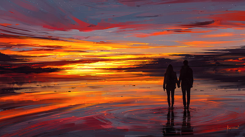 Couple at Sunset Illustration, HD wallpaper