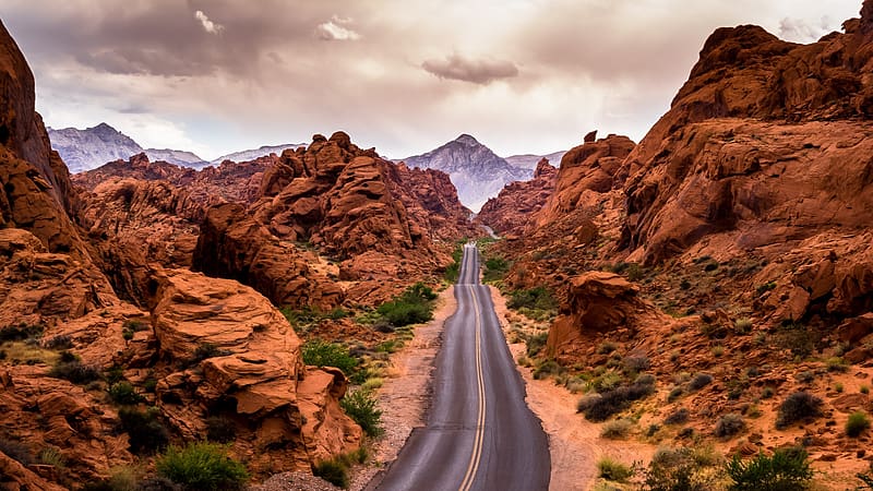 Road through the Valley of Fire, Nevada, rocks, usa, stones, clouds, landscape, sky, HD wallpaper