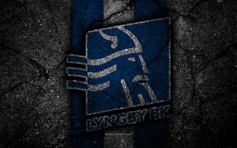 FC Lyngby logo, Danish Superliga, soccer, black stone, Denmark, Lyngby, football, asphalt texture, football club, Lyngby FC, HD wallpaper