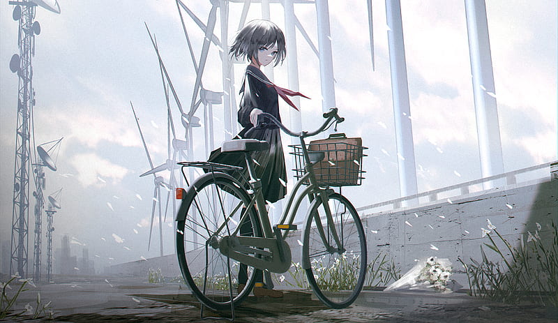 Anime, Girl, Bicycle, Wind Turbine, HD wallpaper