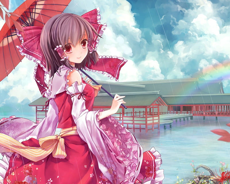 Reimu Dress Scenic Hakurei Reimu Umbrella Rainbow Anime Raining Touhou Hd Wallpaper 9682