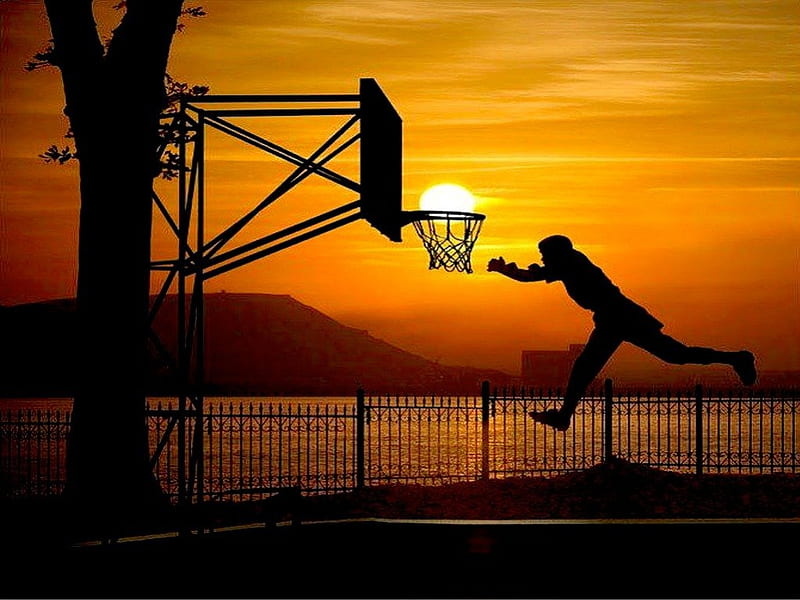 Sunset Basket, tease, sun, orange, sunset, ball, illusion, basketball, basket, jump, HD wallpaper