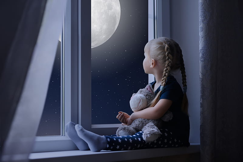 Little Girl Sadly Out Of A Window With A Teddy Bear, little-girl, child, cute, teddy-bear, HD wallpaper