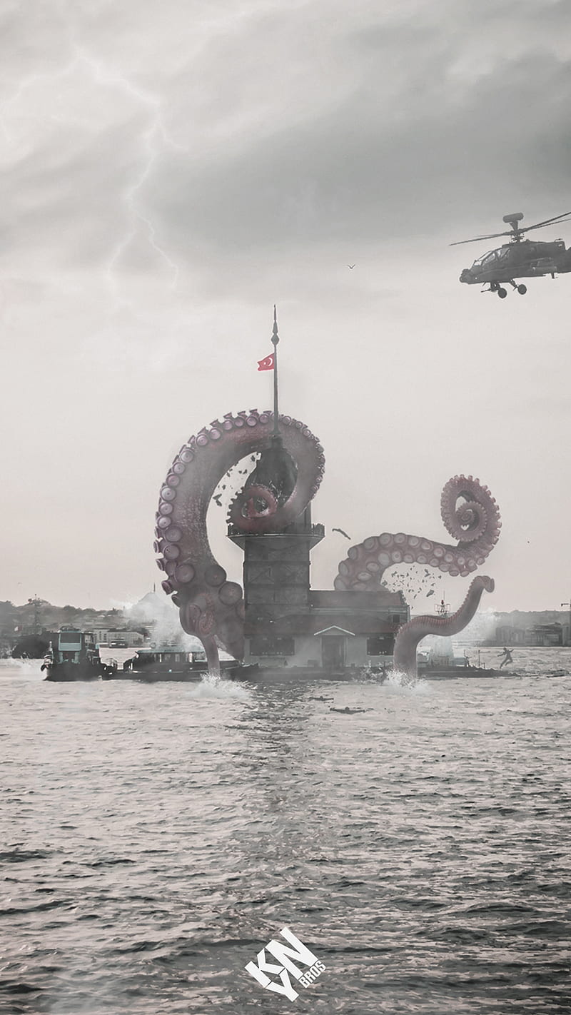 Octopus, ahtapot, animal, sea, fantasy, istanbul, kizkulesi, sea, tower, HD phone wallpaper