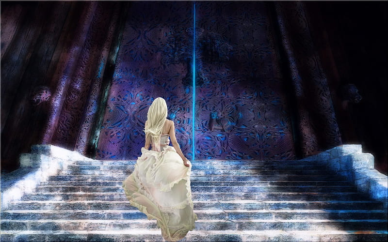 Behind Close Doors, stairs, fantasy, lady, door, HD wallpaper